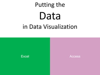 Putting the
         Data
 in Data Visualization



Excel                 Access
 