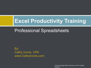 Professional Spreadsheets By:Cathy Iconis, CPAwww.CathyIconis.com Excel Productivity Training Content copyright 2009. Cathy Iconis, CPA. All rights reserved. 