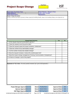 Chg Status

 Project Scope Change

 Project Name: New Project Name                                        Project Manager: Manager's Name
 Change Request #:                         1                           Today’s Date: 07/30/09
 Change Request Descr:                                                 Requested by:
 Project Change Description
 Provide a detailed description of project change requested including benefits, impact of not making change, areas impacted, etc.




                                         Change Impact Summary                                                    Yes           No
  1. Is this request required functionality for go-live ?
  2. Does this request move the go-live date?
  3. Does this request impact the project schedule / milestones?
  4. Does the content of any deliverables change?
  5. Do the number of resources needed change?
  6. Does the request increase or reduce the overall project risk?
  7. Does this impact change management (Training, Communication, Acceptance)?
  8. Is there an change in cost of the project?




 Explanation of “Yes” items: (For every question answered “yes”, give a brief explanation.)




         Project Manager Approval yes or no                    Name:      Proj Mgr Name                 Approval Date:          date

                   Sponsor Approval yes or no                  Name:      Sponsor Name                  Approval Date:          date

                IS&T Mgmt Approval yes or no                   Name:      IS&T Mgr Name                 Approval Date:          date

excelprojectmanagement-090730005134-phpapp01.xls             Page 19 of 48         excelprojectmanagement-090730005134-phpapp01.xls
 