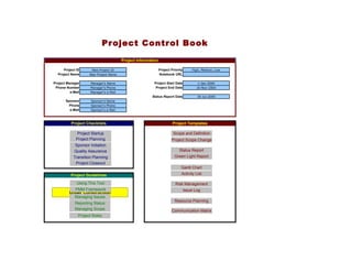 Project Control Book
                                         Project Information

     Project ID       New Project ID                           Project Priority       High, Medium, Low
  Project Name       New Project Name                          Notebook URL

Project Manager      Manager's Name                      Project Start Date              1-Jan-2004
 Phone Number        Manager's Phone                      Project End Date               16-Nov-2004
          e-Mail     Manager's e-Mail
                                                        Status Report Date               30-Jul-2009
       Sponsor        Sponsor's Name
         Phone       Sponsor's Phone
         e-Mail       Sponsor's e-Mail



          Project Checklists                                            Project Templates

             Project Startup                                            Scope and Definition
             Project Planning                                          Project Scope Change
            Sponsor Initiation
            Quality Assurance                                               Status Report
            Transition Planning                                          Green Light Report
             Project Closeout
                                                                              Gantt Chart
          Project Guidelines                                                  Activity List

              Using This Tool                                             Risk Management
             PMM Framework                                                        Issue Log
         Under Construction
             Managing Issues
                                                                         Resource Planning
             Reporting Status
             Managing Scope                                            Communication Matrix
               Project Roles
 