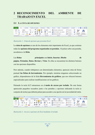 2 RECONOCIMIENTO DEL
TRABAJO EN EXCEL

AMBIENTE

DE

2.1 LA CINTA DE OPCIONES

Ilustración 1. -Cinta de opciones que presenta Excel.

La cinta de opciones es uno de los elementos más importantes de Excel, ya que contiene
todas las opciones del programa organizadas en pestañas. Al pulsar sobre una pestaña,
accedemos a la ficha.
Las fichas

principales son Inicio, Insertar, Diseño

de

página, Fórmulas, Datos, Revisar y Vista. En ellas se encuentran los distintos botones
con las opciones disponibles.
Pero además, cuando trabajamos con determinados elementos, aparecen otras de forma
puntual: las fichas de herramientas. Por ejemplo, mientras tengamos seleccionado un
gráfico, dispondremos de la ficha Herramientas de gráficos, que nos ofrecerá botones
especializados para realizar modificaciones en los gráficos.
Pulsando la tecla ALT entraremos en el modo de acceso por teclado. De esta forma
aparecerán pequeños recuadros junto a las pestañas y opciones indicando la tecla (o
conjunto de teclas) que deberás pulsar para acceder a esa opción sin la necesidad del ratón.

Ilustración 2.- Acceso a opciones de Excel mediante el teclado.

 