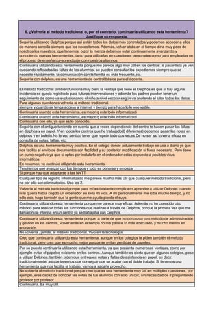 6. ¿Volvería al método tradicional o, por el contrario, continuaría utilizando esta herramienta?
Justifique su respuesta.
Seguiría utilizando Delphos porque así están todos los datos más controlados y podemos acceder a ellos
de manera sencilla siempre que los necesitemos. Además, volver atrás en el tiempo diría muy poco de
nosotros los maestros, que tenemos, o por lo menos debemos estar continuamente avanzando y
conociendo nuevas herramientas, tanto para utilizarlas en cuestiones personales como para emplearlas en
el proceso de enseñanza-aprendizaje con nuestros alumnos.
Continuaría utilizando esta herramienta porque me parece algo muy útil en los centros: al pasar lista ya van
quedando reflejadas las faltas de los alumnos, se pueden consultar los expedientes siempre que se
necesite rápidamente, la comunicación con la familia es más frecuente,etc.
Seguiría con delphos, es una herramienta de control básica para el docente.
El método tradicional también funciona muy bien; la ventaja que tiene el Delphos es que si hay alguna
incidencia se queda registrado para futuras intervenciones y además los padres pueden tener un
seguimiento de como va evolucionando el niño a nivel escolar según va anotando el tutor todos los datos.
Para algunas cuestiones volvería al método tradicional.
siempre y cuando se tenga acceso a internet y tiempo para hacerlo lo veo viable.
Continuaria usando esta herramienta, es mejor q este todo informatizadi
Continuaria usando esta herramienta, es mejor q este todo informatizadi
Continuaría con ello, ya que es lo conocido.
Seguiría con el antiguo teniendo en cuenta que a veces dependiendo del centro te hacen pasar las faltas
en delphos y en papel. Y en todos los centros que he trabajado(6 diferentes) debemos pasar las notas en
delphos y en boletín.No le veo sentido tener que repetir todo dos veces.De no ser así lo vería eficaz en
consulta de notas, faltas, etc.
Delphos es una herramienta muy positiva. En el colegio donde actualmente trabajo se usa a diario ya que
nos facilita el envío de documentos con facilidad y su posterior modificación si fuera necesario. Pero tiene
un punto negativo ya que si optas por instalarlo en el ordenador estas expuesto a posibles virus
informáticos.
En resumen, yo continúo utilizando esta herramienta.
Tendremos qué avanzar con los tiempos y todo es ponerse y empezar
Si porque hay que adaptarse a las NNTT
Cualquier tipo de registro informatizado me parece mucho más útil que cualquier método tradicional, pero
no por ello son eliminatorios. Uso los 2.
Volvería al método tradicional porque para mí es bastante complicado aprender a utilizar Delphos cuando
ni si quiera había cogido un ordenador en toda mi vida. A mí personalmente me roba mucho tiempo, y no
sólo eso, hago también que la gente que me ayuda pierda el suyo.
Continuaría utilizando esta herramienta porque me parece muy eficaz. Además no he conocido otro
método para realizar todas las funciones que realizao a través de Delphos, porque la primera vez que me
llamaron de interina en un centro ya se trabajaba con Delphos.
Continuaría utilizando esta herramienta porque, a parte de que no concozco otro método de administración
y gestión en los centros, volver atrás en el tiempo no me parece lo más adecuado, y mucho menos en
educación.
No volvería , jamás, al método tradicional. Vivo en la tecnología.
Creo que continuaría utilizando esta herramienta, aunque en los colegios te piden también el método
tradicional, pero creo que es mucho mejor porque se evitan pérdidas de papeles.
Por su puesto continuaría utilizando esta herramienta, ya que presenta numerosas ventajas, como por
ejemplo evitar el papeleo existente en los centros. Aunque también es cierto que en algunos colegios, pese
a utilizar Delphos, también piden que entregues notas y faltas de asistencia en papel, es decir,
tradicionalmente, asique tenemos que conseguir que se acabe con el doble trabajo. Si tenemos una
herramienta que nos facilita el trabajo, vamos a sacarle provecho.
No volvería al método tradicional porque creo que es una herramienta muy útil en múltiples cuestiones, por
ejemplo, eres capaz de conocer las notas de tus alumnos con sólo un clic, sin necesidad de ir preguntando
profesor por profesor.
Continuaría. Es muy útil.

 