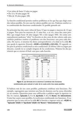 5. CÁLCULOS CONDICIONALES 
• Los niños de hasta 12 años no pagan. 
• De 13 a 18 años pagan 5$ 
• Más de 18 años pagan 10$. 
La función condicional permite resolver problemas en los que hay que elegir entre 
dos valores posibles. En este caso los valores posibles son tres. Podemos resolver es-to 
combinando dos funciones condicionales. Es posible pensarlo así: 
En principio hay dos casos: niños de hasta 12 que no pagan y mayores de 12 que 
sí pagan. Pero para los mayores de 12 años hay, a su vez, otros dos casos posi-bles: 
que tengan hasta 18 años (pagan 5$) o más (pagan 10$). Así como con-ceptualmente 
podemos “abrir” la elección en dos casos de dos valores cada uno, 
también podemos resolver el problema con dos funciones: una para cada elec-ción. 
De nuevo, si tenemos los datos correspondientes a la edad en la celda B2, 
nos queda la siguiente fórmula: =SI(B2=12;0;SI(B2=18;5;10)). El segundo va-lor 
para la primera condicional es otra condicional. El último valor se asigna por 
descarte, cuando no se cumple ninguna de las condiciones. Nótense los dos pa-réntesis 
que se cierran al final: uno para cada función. 
Figura 4. Las fórmulas de la columna C combinan dos funciones 
condicionales para calcular el valor de la cuota entre tres casos posibles. 
Si hubiera más de tres casos posibles, podríamos combinar más funciones. Por 
ejemplo, supongamos que tenemos una lista de alumnos con las notas obtenidas 
en un examen. Queremos pasar una calificación a palabras según la siguiente ta-bla: 
3 o menos, Aplazado; 4, 5 o 6, Aprobado; 7, 8 y 9, Bueno; 10, Sobresaliente. 
Como hay cuatro casos posibles, lo resolvemos combinando tres funciones. Si su-ponemos 
que la nota está en la celda B2 la función a ingresar sería así: =SI(B24; 
“Aplazado”;SI(B27;“Aprobado”;SI(B210;“Bueno”;“Sobresaliente”))). 
140 www.redusers.com 
 
