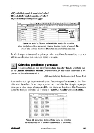 =SI(condición6;valor6;SI(condición7;valor7; 
SI(condición8;valor8;SI(condición9;valor9; 
SI(condición10;valor10;valor11))))) 
Cobradas, pendientes y anuladas 
Figura 10. Ahora la fórmula de la celda E2 analiza las primeras 
cinco condiciones. Si no se cumple ninguna de ellas, remite al valor de D2, 
donde otra serie de funciones SI analiza las condiciones restantes. 
La técnica que acabamos de explicar permite, con fórmulas sucesivas, crear un 
cálculo condicional tan complejo como se quiera. 
Cobradas, pendientes y anuladas 
Tengo una tabla de tres columnas: Factura, Importe y Estado. El estado pue-de 
ser Cobrada, Pendiente o Anulada. Quiero obtener, en tres celdas separadas, el im-porte 
total de cada uno de ellos. 
Pablo Valentín Peralta (Lanús, provincia de Buenos Aires) 
Para resolver este tipo de problemas hay una función específica: SUMAR.SI. Esta fun-ción 
suma los valores de un rango sujetos a una condición. Por ejemplo, suponga-mos 
que la tabla ocupa el rango A1:C15, con títulos en la primera fila. Queremos 
sumar las facturas cobradas. La fórmula es =SUMAR.SI(C2:C15;“Cobrada”;B2:B15). 
Figura 11. La función de la celda E2 suma los importes 
de las facturas con la condición Cobrada en la columna B. 
www.redusers.com 145 
 