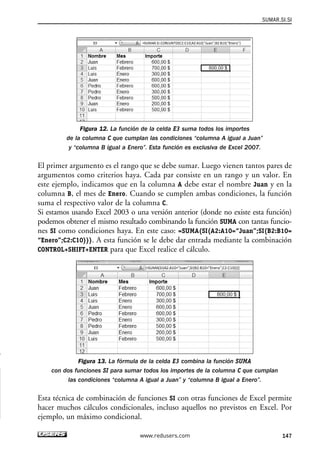 Figura 12. La función de la celda E3 suma todos los importes 
SUMAR.SI.SI 
de la columna C que cumplan las condiciones “columna A igual a Juan” 
y “columna B igual a Enero”. Esta función es exclusiva de Excel 2007. 
El primer argumento es el rango que se debe sumar. Luego vienen tantos pares de 
argumentos como criterios haya. Cada par consiste en un rango y un valor. En 
este ejemplo, indicamos que en la columna A debe estar el nombre Juan y en la 
columna B, el mes de Enero. Cuando se cumplen ambas condiciones, la función 
suma el respectivo valor de la columna C. 
Si estamos usando Excel 2003 o una versión anterior (donde no existe esta función) 
podemos obtener el mismo resultado combinando la función SUMA con tantas funcio-nes 
SI como condiciones haya. En este caso: =SUMA(SI(A2:A10=“Juan”;SI(B2:B10= 
“Enero”;C2:C10))). A esta función se le debe dar entrada mediante la combinación 
CONTROL+SHIFT+ENTER para que Excel realice el cálculo. 
Figura 13. La fórmula de la celda E3 combina la función SUMA 
con dos funciones SI para sumar todos los importes de la columna C que cumplan 
las condiciones “columna A igual a Juan” y “columna B igual a Enero”. 
Esta técnica de combinación de funciones SI con otras funciones de Excel permite 
hacer muchos cálculos condicionales, incluso aquellos no previstos en Excel. Por 
ejemplo, un máximo condicional. 
www.redusers.com 147 
 