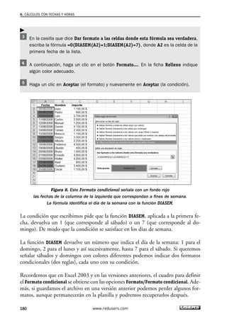 6. CÁLCULOS CON FECHAS Y HORAS 
En la casilla que dice Dar formato a las celdas donde esta fórmula sea verdadera, 
escriba la fórmula =O(DIASEM(A2)=1;DIASEM(A2)=7), donde A2 es la celda de la 
primera fecha de la lista. 
A continuación, haga un clic en el botón Formato.... En la ficha Relleno indique 
algún color adecuado. 
Haga un clic en Aceptar (el formato) y nuevamente en Aceptar (la condición). 
Figura 8. Este Formato condicional señala con un fondo rojo 
las fechas de la columna de la izquierda que correspondan a fines de semana. 
La fórmula identifica el día de la semana con la función DIASEM. 
 
La condición que escribimos pide que la función DIASEM, aplicada a la primera fe-cha, 
devuelva un 1 (que corresponde al sábado) o un 7 (que corresponde al do-mingo). 
De modo que la condición se satisface en los días de semana. 
La función DIASEM devuelve un número que indica el día de la semana: 1 para el 
domingo, 2 para el lunes y así sucesivamente, hasta 7 para el sábado. Si queremos 
señalar sábados y domingos con colores diferentes podemos indicar dos formatos 
condicionales (dos reglas), cada uno con su condición. 
Recordemos que en Excel 2003 y en las versiones anteriores, el cuadro para definir 
el Formato condicional se obtiene con las opciones Formato/Formato condicional. Ade-más, 
si guardamos el archivo en una versión anterior podemos perder algunos for-matos, 
aunque permanecerán en la planilla y podremos recuperarlos después. 
180 www.redusers.com 
 
