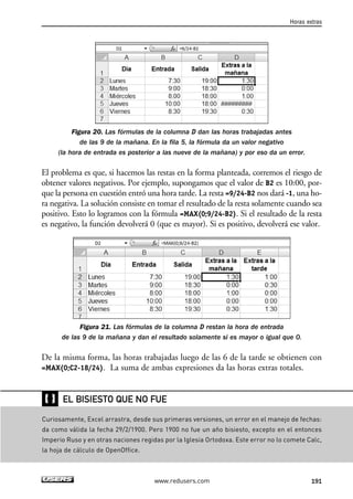 Horas extras 
Figura 20. Las fórmulas de la columna D dan las horas trabajadas antes 
de las 9 de la mañana. En la fila 5, la fórmula da un valor negativo 
(la hora de entrada es posterior a las nueve de la mañana) y por eso da un error. 
El problema es que, si hacemos las restas en la forma planteada, corremos el riesgo de 
obtener valores negativos. Por ejemplo, supongamos que el valor de B2 es 10:00, por-que 
la persona en cuestión entró una hora tarde. La resta =9/24-B2 nos dará -1, una ho-ra 
negativa. La solución consiste en tomar el resultado de la resta solamente cuando sea 
positivo. Esto lo logramos con la fórmula =MAX(0;9/24-B2). Si el resultado de la resta 
es negativo, la función devolverá 0 (que es mayor). Si es positivo, devolverá ese valor. 
Figura 21. Las fórmulas de la columna D restan la hora de entrada 
de las 9 de la mañana y dan el resultado solamente si es mayor o igual que 0. 
De la misma forma, las horas trabajadas luego de las 6 de la tarde se obtienen con 
=MAX(0;C2-18/24). La suma de ambas expresiones da las horas extras totales. 
EL BISIESTO QUE NO FUE 
www.redusers.com 191 
❴❵ 
Curiosamente, Excel arrastra, desde sus primeras versiones, un error en el manejo de fechas: 
da como válida la fecha 29/2/1900. Pero 1900 no fue un año bisiesto, excepto en el entonces 
Imperio Ruso y en otras naciones regidas por la Iglesia Ortodoxa. Este error no lo comete Calc, 
la hoja de cálculo de OpenOffice. 
 
