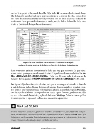 está en la segunda columna de la tabla. Si la fecha B2 cae entre dos fechas de la ta-bla, 
la función devolverá el signo correspondiente a la menor de ellas, como debe 
ser. Pero desafortunadamente hay un problema con los años: el año de la fecha de 
nacimiento tiene que ser el mismo que el usado para las fechas de la tabla, de lo con-trario 
la función de búsqueda arroja un error. 
Figura 30. Las funciones de la columna C encuentran el signo 
zodiacal de cada persona de la lista, en función de la tabla de la derecha. 
Para evitar esto, primero convertimos la fecha que hay que encontrar (la que supu-simos 
en B2) para que tome el año de la tabla. Lo podemos hacer con la función FE-CHA: 
=FECHA(AÑO(F1);MES(B2);DIA(B2)). Toda esta fórmula debe ir dentro de la 
función de búsqueda: =BUSCARV(FECHA(AÑO(F$1);MES(B2);DIA(B2));F$1:G$13;2) 
Los signos $ fijan las referencias a la tabla para que se mantengan al extender la fórmula 
a toda la lista de fechas. Nunca debemos olvidarnos de estos detalles o nos dará error. 
Por último, una buena forma de redondear esta planilla es usar la tipografía Windings, 
que incluye los símbolos correspondientes a cada signo. Para eso, podemos escribir 
en otra columna el abecedario y aplicarle la fuente Windings. Así sabremos a qué le-tra 
corresponde el signo del zodíaco que queremos representar. 
¿Cuál es tu signo? 
www.redusers.com 201 
✱ 
FIJAR LAS CELDAS 
Cuando trabajamos con sumas, promedios o conteos con condiciones, es fundamental fijar par-te 
de las referencias, utilizando el carácter $ o presionando la tecla de funciones F4, hasta que 
hallemos la opción deseada. De esta forma nos aseguraremos que, al realizar copias de las fór-mulas 
introducidas, los cálculos sigan siendo los correctos. 
 