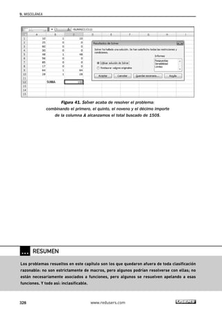 Figura 41. Solver acaba de resolver el problema: 
combinando el primero, el quinto, el noveno y el décimo importe 
de la columna A alcanzamos el total buscado de 150$. 
9. MISCELÁNEA 
… RESUMEN 
Los problemas resueltos en este capítulo son los que quedaron afuera de toda clasificación 
razonable: no son estrictamente de macros, pero algunos podrían resolverse con ellas; no 
están necesariamente asociados a funciones, pero algunos se resuelven apelando a esas 
funciones. Y todo así: inclasificable. 
328 www.redusers.com 
 