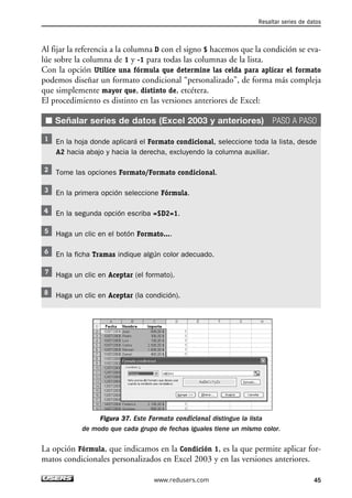 Resaltar series de datos 
Al fijar la referencia a la columna D con el signo $ hacemos que la condición se eva-lúe 
sobre la columna de 1 y -1 para todas las columnas de la lista. 
Con la opción Utilice una fórmula que determine las celda para aplicar el formato 
podemos diseñar un formato condicional “personalizado”, de forma más compleja 
que simplemente mayor que, distinto de, etcétera. 
El procedimiento es distinto en las versiones anteriores de Excel: 
■ Señalar series de datos (Excel 2003 y anteriores) PASO A PASO 
En la hoja donde aplicará el Formato condicional, seleccione toda la lista, desde 
A2 hacia abajo y hacia la derecha, excluyendo la columna auxiliar. 
Tome las opciones Formato/Formato condicional. 
En la primera opción seleccione Fórmula. 
En la segunda opción escriba =$D2=1. 
Haga un clic en el botón Formato.... 
En la ficha Tramas indique algún color adecuado. 
Haga un clic en Aceptar (el formato). 
Haga un clic en Aceptar (la condición). 
Figura 37. Este Formato condicional distingue la lista 
de modo que cada grupo de fechas iguales tiene un mismo color. 
La opción Fórmula, que indicamos en la Condición 1, es la que permite aplicar for-matos 
condicionales personalizados en Excel 2003 y en las versiones anteriores. 
www.redusers.com 45 
 