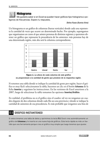 3. GRÁFICOS 
Histograma 
Me gustaría saber si en Excel se pueden hacer gráficos tipo histograma o po-lígonos 
de frecuencias. Espero tu respuesta. 
Betina Russo (Buenos Aires) 
Un histograma es un gráfico de columnas (barras verticales) donde cada una represen-ta 
la cantidad de veces que ocurre un determinado hecho. Por ejemplo, supongamos 
que organizamos un curso al que asisten personas de distintas regiones y queremos ob-tener 
un gráfico que represente la procedencia de los asistentes: más personas hay de 
una determinada región, más alta será la columna correspondiente. 
Figura 1. La altura de cada columna de este gráfico 
es proporcional a la cantidad de gente que proviene de la respectiva región. 
Si tenemos una tabla donde se indique la cantidad de gente por región, hacer el grá-fico 
es muy fácil: seleccionamos la tabla, hacemos un clic en el botón Columna de la 
ficha Insertar y seguimos las instrucciones. En las versiones de Excel anteriores a la 
2007, luego de seleccionar la tabla tomamos las opciones Insertar/Gráfico. 
En realidad, el problema no es el gráfico sino el cuadro: tal vez no tengamos un cua-dro 
elegante de dos columnas donde cada fila sea una provincia y donde se indique la 
cantidad de asistentes de esa procedencia. Es más probable que tengamos una lista de 
❴❵ 
GRÁFICO INSTANTÁNEO 
Si seleccionamos una tabla de datos y oprimimos la tecla F11 Excel crea automáticamente un 
gráfico de Columnas y lo inserta en una nueva hoja de gráficos. Esta tecla rápida es más un fas-tidio 
que una herramienta porque crea un gráfico muy simple que luego tenemos que ajustar. 
68 www.redusers.com 
 