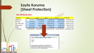 Sayfa Koruma
(Sheet Protection)
Veri Girilecek alan:
 