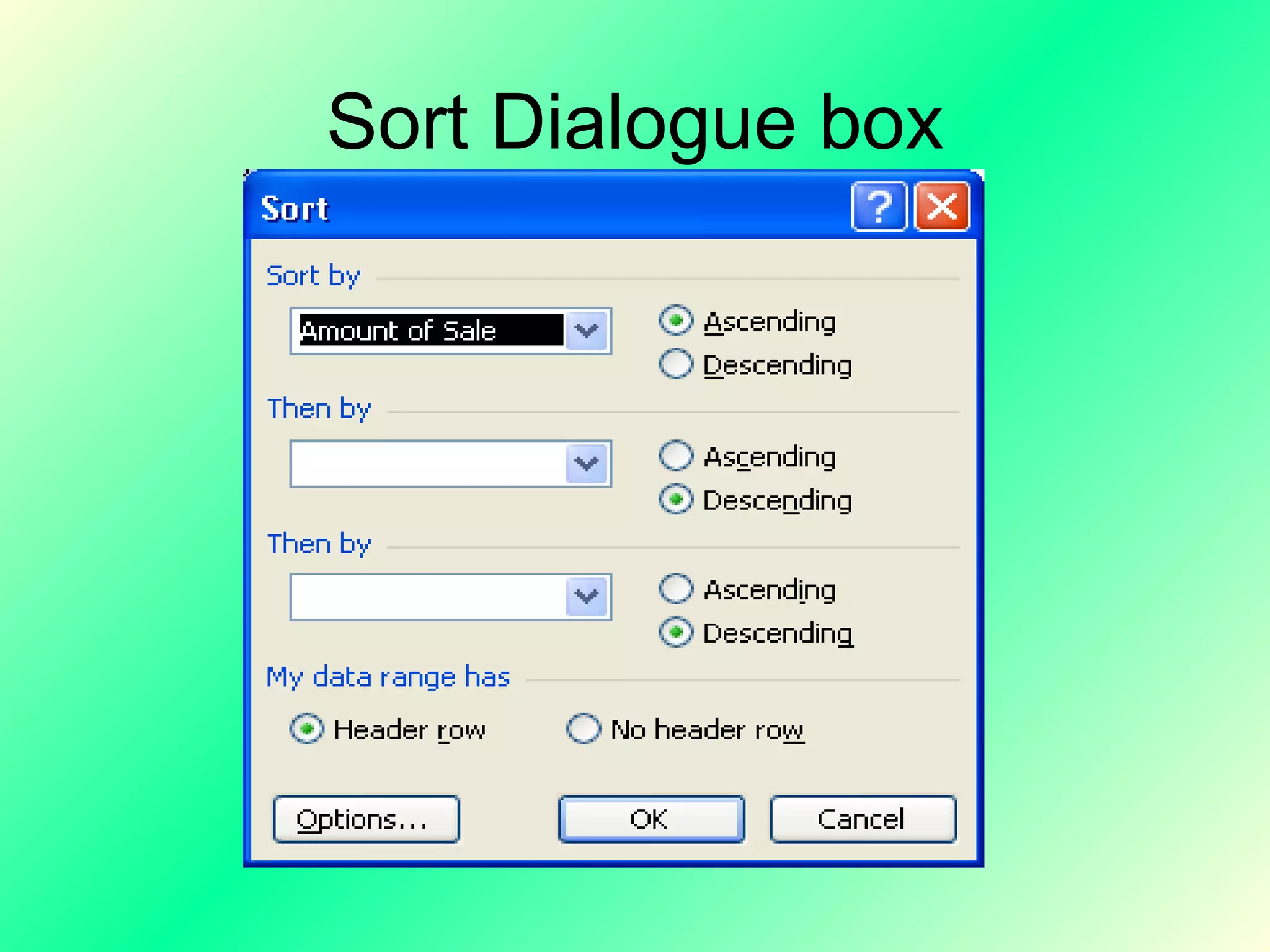 Sort Dialogue box 
