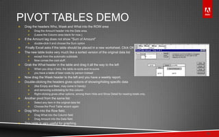 © 2011 Adobe Systems Incorporated. All Rights Reserved. Adobe Confidential.
PIVOT TABLES DEMO
 Drag the headers Who, Week and What into the ROW area
 Drag the Amount header into the Data area.
 (Leave the Column area blank for now.)
 If the Amount tag does not show "Sum of Amount"
 double-click it and choose the Sum option
 Finally Excel asks if the table should be placed in a new worksheet. Click OK.
 The new table looks very much like a sorted version of the original data list
 except from the automatic subtotals
 Now comes the cool stuff:
 Grab the What header in the table and drag it all the way to the left
 When you drop it here, the table re-sorts and re-sums
 you have a table of beer costs by person instead
 Now drag the Week header to the left and you have a weekly report.
 Double-clicking the headers gives options of showing/hiding specific data
 (like Empty and Beer, may come in handy)
 and removing subtotaling for this column
 Right-clicking gives other options, among them Hide and Show Detail for reading totals only.
 Another pivot from the same list:
 Select any item in the original data list
 Choose the Pivot Table wizard again
 Drag Who into the Row field,
 Drag What into the Column field
 Drag Amount into the Data field.
 This table is very useful for graphing.
18
 