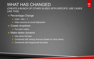 © 2011 Adobe Systems Incorporated. All Rights Reserved. Adobe Confidential.
WHAT HAS CHANGED
(CREATE A BUNCH OF OTHER SLIDES WITH SPECIFIC USE CASES
LIKE THIS)
 Percentage Change
 (new / old) – 1
 Hide columns to avoid distraction
 Create dropdown
 For each metric
 Make tables dynamic
 Use direct formula
 Combined with lookup formula (based on drop down)
 Combined with large/small formulas
28
 