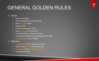 © 2011 Adobe Systems Incorporated. All Rights Reserved. Adobe Confidential.
GENERAL GOLDEN RULES
 Avoid
 Manual Calculation
 Raw Data Miexed with Final Results
 Blank Cells in a Table
 Merged Cells
 Empty Text instead of Zeros
 Nest 2 Lookups To Avoid #N/A!
 Formatting Cells or Numbers as Text
 Changing the Default Horizontal Alignment of Cells
 Volatile Formulae like =Today()
 Maintain
 1 Worksheet For ALL Related RAW Data.
 Classic Table Format For Related Data
 PivotTables and/or Database Functions
 True Dates & Times
4
 