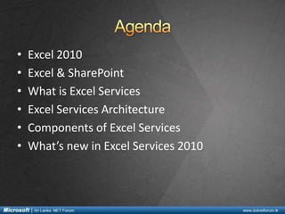 •
•
•
•
•
•
Excel 2010
Excel & SharePoint
What is Excel Services
Excel Services Architecture
Components of Excel Services
What’s new in Excel Services 2010