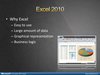 • Why Excel
– Easy to use
– Large amount of data
– Graphical representation
– Business logic