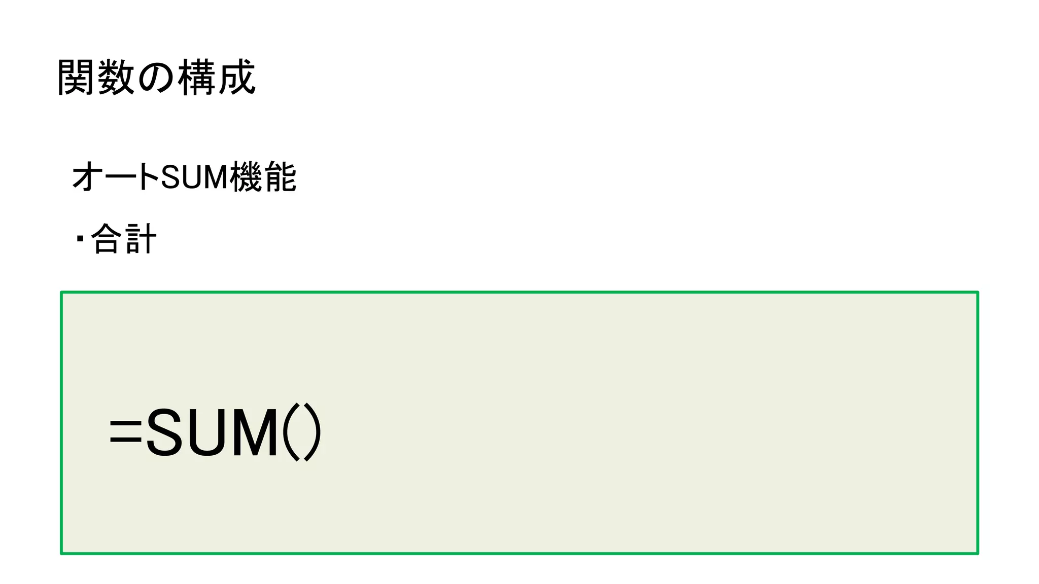関数の構成
オートSUM機能
・合計
=SUM()
 