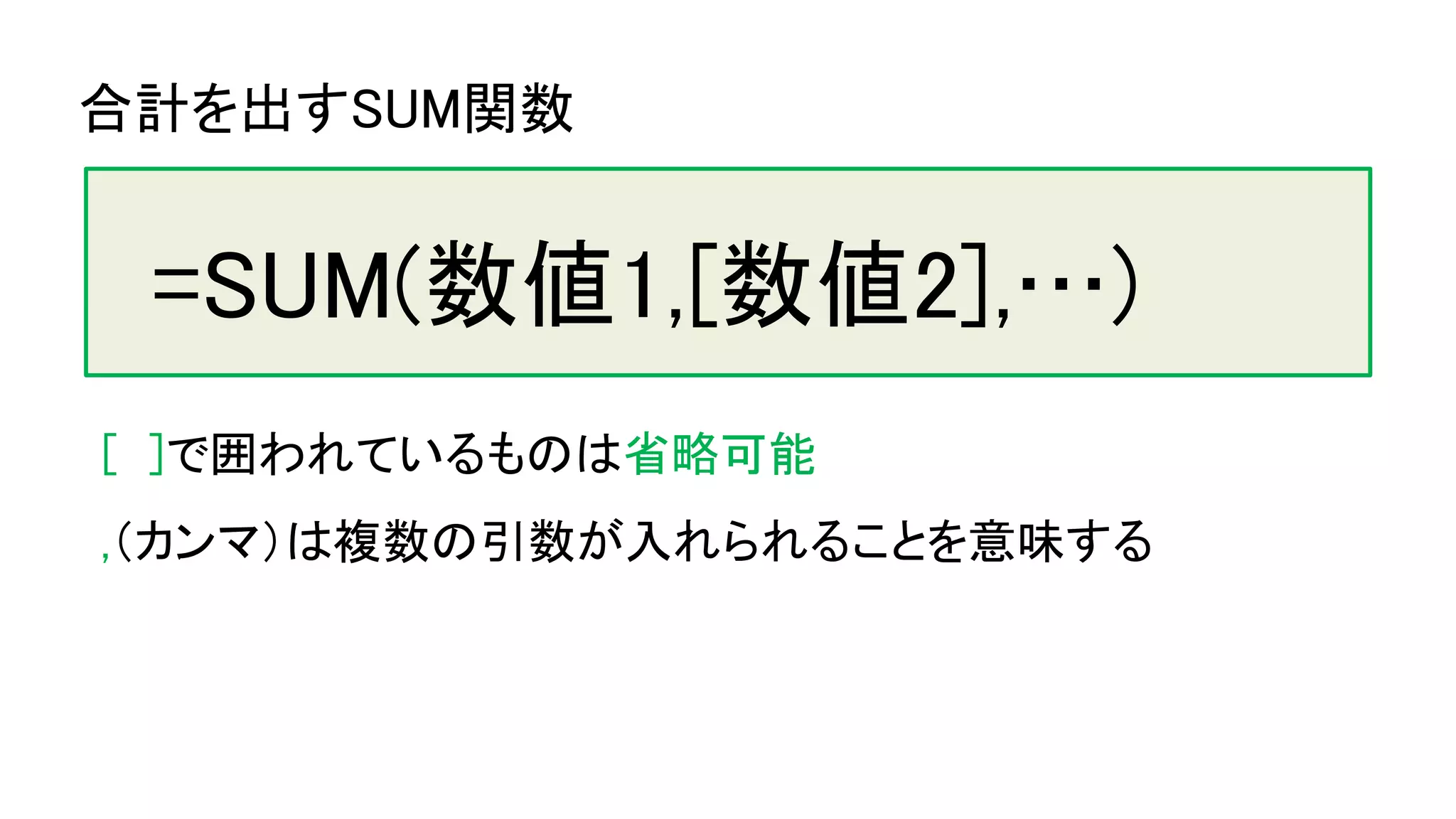 合計を出すSUM関数
=SUM(数値1,[数値2],…)
[ ]で囲われているものは省略可能
,（カンマ）は複数の引数が入れられることを意味する
 
