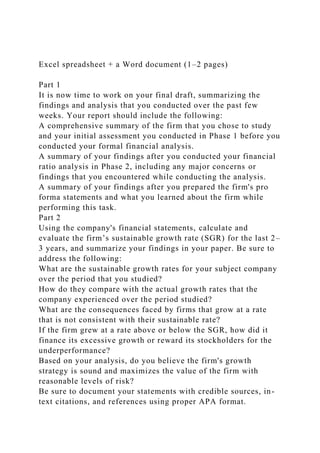 Excel spreadsheet + a Word document (1–2 pages)
Part 1
It is now time to work on your final draft, summarizing the
findings and analysis that you conducted over the past few
weeks. Your report should include the following:
A comprehensive summary of the firm that you chose to study
and your initial assessment you conducted in Phase 1 before you
conducted your formal financial analysis.
A summary of your findings after you conducted your financial
ratio analysis in Phase 2, including any major concerns or
findings that you encountered while conducting the analysis.
A summary of your findings after you prepared the firm's pro
forma statements and what you learned about the firm while
performing this task.
Part 2
Using the company's financial statements, calculate and
evaluate the firm’s sustainable growth rate (SGR) for the last 2–
3 years, and summarize your findings in your paper. Be sure to
address the following:
What are the sustainable growth rates for your subject company
over the period that you studied?
How do they compare with the actual growth rates that the
company experienced over the period studied?
What are the consequences faced by firms that grow at a rate
that is not consistent with their sustainable rate?
If the firm grew at a rate above or below the SGR, how did it
finance its excessive growth or reward its stockholders for the
underperformance?
Based on your analysis, do you believe the firm's growth
strategy is sound and maximizes the value of the firm with
reasonable levels of risk?
Be sure to document your statements with credible sources, in-
text citations, and references using proper APA format.
 
