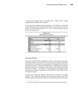 Financial Statement Analysis Tools               109




                                                                             Leverage Ratios




is more poorly managed than the consulting firm.                   Rather, each is simply
responding to the demands of their industry.

At this point your worksheet should resemble the one in Exhibit 4-2. Notice that
we have applied the custom format, discussed above, to most of these ratios. In C8,
however, we used the custom format 0.00” days” since the average collection
period is measured in days.

                                       EXHIBIT 4-2
                                 EPI’S FINANCIAL RATIOS

                       A                  B           C        D       E            F
        1   Ratio                    ndustry 200 2004                 2003       Analysis
        2                                  Liquidity Ratios
        3   Current                        2.70x       2.39x            2.33x      Ok
        4   Quick                          1.00x       0.84x            0.85x      Bad
        5                                  Efficiency Ratios
        6   Inventory Turnover             7.00x       3.89x             4.00x     Bad
        7   A/R Turnover                  10.70x       9.58x             9.77x     Bad
        8   Average Collection Period 33.64 days 37.59 days         36.84 days     Bad
        9   Fixed Asset Turnover          11.20x     10.67x              9.95x     Ok
       10   Total Asset Turnover           2.60x       2.33x             2.34x     Bad




Leverage Ratios
In physics, leverage refers to a multiplication of force. Using a lever and fulcrum,
you can press down on one end of a lever with a given force, and get a larger force
at the other end. The amount of leverage depends on the length of the lever and the
position of the fulcrum. In finance, leverage refers to a multiplication of changes in
profitability measures. For example, a 10% increase in sales might lead to a 20%
increase in net income.3 The amount of leverage depends on the amount of debt
that a firm uses to finance its operations, so a firm which uses a lot of debt is said to
be “highly leveraged.”

Leverage ratios describe the degree to which the firm uses debt in its capital
structure. This is important information for creditors and investors in the firm.
Creditors might be concerned that a firm has too much debt and will therefore have


3. As we will see in Chapter 6, this would mean that the degree of combined leverage is 2.




                                                                                            109
 