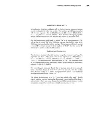 Financial Statement Analysis Tools              129




                                                                  Using Financial Ratios




                           AND(LOGICAL1, LOGICAL2, . . .)

In this function LOGICAL1 and LOGICAL2 are the two required arguments that can
each be evaluated to be either true or false. You can have up to 29 arguments, but
only two are required. The modified function in E3 is now: =IF(And(C3/
D3>=1,C3/B3>=1),"Good","Bad"). Now, the ratio will only be judged as
“Good” if both conditions are true. Note that they are not for the current ratio.

One final improvement can be made by adding “Ok” to the possible outcomes. We
will say that the ratio is “Ok” if the 2004 value is greater than the 2003 value, or the
2004 value is greater than the industry average. We can accomplish this by nesting
a second IF statement inside the first in place of “Bad.” For the second IF
statement, we need to use Excel’s OR function:

                            OR(LOGICAL1, LOGICAL2, . . .)

This function is identical to the AND function, except that it returns true if any of its
arguments are true. The final form of our equation is: =IF(AND(C3/
D3>=1,C3/B3>=1),"Good",IF(OR(C3/D3>=1,C3/B3>=1),"Ok",
"Bad")). For the current ratio, this will evaluate to “Ok.” You can now evaluate
all of EPI’s ratios by copying this formula to E4:E26 and clearing the unnecessary
copies in E5, E11, E17, and E20.

One more change is necessary. Recall that for leverage ratios, lower is generally
better. Therefore, change all of the “>=” to “<=” in E12:E16. You also need to
make the same change in E8 for the average collection period. Your worksheet
should now resemble that in Exhibit 4-6.

You should see that nearly all of EPI’s ratios are judged to be “Bad.” This is
exactly what our previous analysis has determined, except that Excel has done it
automatically. There are many changes that could be made to improve on this
simple ratio analyzer, but we will leave that job as an exercise for you.




                                                                                    129
 