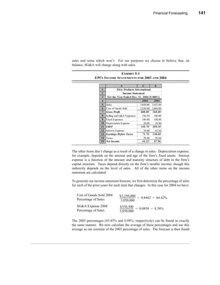 Financial Forecasting      141




                                                                 The Percent of Sales Method




sales and some which won’t. For our purposes we choose to believe that, on
balance, SG&A will change along with sales.

                               EXHIBIT 5-1
                EPI’S INCOME STATEMENTS FOR 2003 AND 2004

                                       A                 C         E
                      1             Elvis Products International
                      2                  Income Statement
                      3    For the Year Ended Dec. 31, 2004 ($ 000's)
                      4                                  2004     2003
                      5   Sales                        3,850.00 3,432.00
                      6   Cost of Goods Sold           3,250.00 2,864.00
                      7   Gross Profit                  600.00 568.00
                      8   Selling and G&A Expenses       330.30   240.00
                      9   Fixed Expenses                 100.00   100.00
                     10   Depreciation Expense            20.00    18.90
                     11   EBIT                          149.70 209.10
                     12   Interest Expense                76.00    62.50
                     13   Earnings Before Taxes          73.70 146.60
                     14   Taxes                           29.48    58.64
                     15   Net Income                     44.22    87.96


The other items don’t change as a result of a change in sales. Depreciation expense,
for example, depends on the amount and age of the firm’s fixed assets. Interest
expense is a function of the amount and maturity structure of debt in the firm’s
capital structure. Taxes depend directly on the firm’s taxable income, though this
indirectly depends on the level of sales. All of the other items on the income
statement are calculated.

To generate our income statement forecast, we first determine the percentage of sales
for each of the prior years for each item that changes. In this case for 2004 we have:

   Cost of Goods Sold 2004           $3,250,000
   Percentage of Sales               -------------------------- = 0.8442 = 84.42%
                                                              -
                                       3,850,000
   SG&A Expense 2004                  $330,300
                                     ----------------------- = 0.0858 = 8.58%
                                                           -
   Percentage of Sales               3,850,000

The 2003 percentages (83.45% and 6.99%, respectively) can be found in exactly
the same manner. We now calculate the average of these percentages and use this
average as our estimate of the 2005 percentage of sales. The forecast is then found




                                                                                       141
 