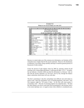Financial Forecasting         143




                                                               The Percent of Sales Method




                                    EXHIBIT 5-2
                        PERCENT OF SALES FORECAST FOR 2005

                    A                 B        C        D        E        F         G
     1                              Elvis Products International
     2                             Pro-forma Income Statement
     3                      For the Year Ended Dec. 31, 2004 ($ 000's)
     4                              2005%*     2005 2004%         2004 2003%         2003
     5   Sales                      100.00% 4,300.00 100.00%   3,850.00 100.00%   3,432.00
     6   Cost of Goods Sold          83.93% 3,609.11 84.42%    3,250.00 83.45%    2,864.00
     7   Gross Profit                16.07% 690.89 15.58%      600.00 16.55%      568.00
     8   Selling and G&A Expenses     7.79%   334.80   8.58%     330.30   6.99%     240.00
     9   Fixed Expenses               2.76%   100.00   2.60%     100.00   2.91%     100.00
    10   Depreciation Expense         0.54%    20.00   0.52%      20.00   0.55%      18.90
    11   EBIT                         4.99% 236.09     3.89%   149.70     6.09%   209.10
    12   Interest Expense             1.90%    76.00   1.97%      76.00   1.82%      62.50
    13   Earnings Before Taxes        3.09% 160.09     1.91%     73.70    4.27%   146.60
    14   Taxes @ 40%                  1.24%    64.04   0.77%      29.48   1.71%      58.64
    15   Net Income                   1.86%   96.05    1.15%     44.22    2.56%     87.96
    16   *Forecasted
    17   Notes:
    18   Tax Rate                      40%




Because we cannot make use of the common-size information, our formulas will be
somewhat more complex than for the income statement. However, this should pose
no difficulty if you follow along carefully and keep in mind the general premise of
the percent of sales method.

Create the percent of sales balance sheet for 2005 by selecting column B and
inserting a new column (Insert Columns). In B4 type the label: 2005*. As before,
the star indicates a footnote which says that the information is a forecast. Like we
did with the income statement, we will move, line by line, through the balance
sheet to determine which items will vary with sales.

The firm’s cash balance is the first, and perhaps most difficult, item with which we
need to work. Does the cash balance vary, in constant proportion, with sales? Your
first response might be, “Of course it does. As the firm sells more goods, it
accumulates cash.” This line of reasoning neglects two important facts. The firm
has other things to do with its cash aside from accumulating it, and, because cash is
a low-return (perhaps zero- or negative-return when inflation is considered) asset,




                                                                                        143
 