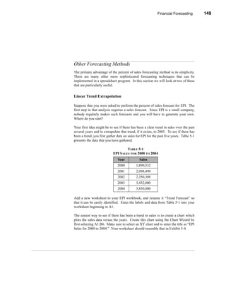 Financial Forecasting         149




                                                           Other Forecasting Methods




Other Forecasting Methods
The primary advantage of the percent of sales forecasting method is its simplicity.
There are many other more sophisticated forecasting techniques that can be
implemented in a spreadsheet program. In this section we will look at two of these
that are particularly useful.


Linear Trend Extrapolation

Suppose that you were asked to perform the percent of sales forecast for EPI. The
first step in that analysis requires a sales forecast. Since EPI is a small company,
nobody regularly makes such forecasts and you will have to generate your own.
Where do you start?

Your first idea might be to see if there has been a clear trend in sales over the past
several years and to extrapolate that trend, if it exists, to 2005. To see if there has
been a trend, you first gather data on sales for EPI for the past five years. Table 5-1
presents the data that you have gathered.

                                    TABLE 5-1
                            EPI SALES FOR 2000 TO 2004
                               Year            Sales
                               2000         1,890,532
                               2001         2,098,490
                               2002         2,350,308
                               2003         3,432,000
                               2004         3,850,000

Add a new worksheet to your EPI workbook, and rename it “Trend Forecast” so
that it can be easily identified. Enter the labels and data from Table 5-1 into your
worksheet beginning in A1.

The easiest way to see if there has been a trend in sales is to create a chart which
plots the sales data versus the years. Create this chart using the Chart Wizard by
first selecting A1:B6. Make sure to select an XY chart and to enter the title as “EPI
Sales for 2000 to 2004.” Your worksheet should resemble that in Exhibit 5-4.




                                                                                  149
 