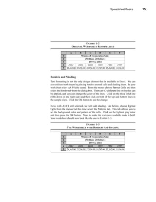 Spreadsheet Basics           15




                                                            Navigating the Worksheet




                               EXHIBIT 1-2
                     ORIGINAL WORKSHEET REFORMATTED

                   A          B         C         D         E         F
            1                  Microsoft Corporation Sales
            2                      (Millions of Dollars)
            3                          1997 to 2002
            4    2002      2001      2000       1999     1998      1997
            5   28,365.00 25,296.00 22,956.00 19,747.00 15,262.00 11,936.00


Borders and Shading
Text formatting is not the only design element that is available in Excel. We can
also enliven worksheets by placing borders around cells and shading them. In your
worksheet select A4:F4 (the years). From the menus choose Format Cells and then
select the Border tab from the dialog box. There are 13 different line styles that can
be applied, and you can change the color of the lines. Click on the thick solid line
(fifth down on the right side) and then click on both of the top and bottom lines in
the sample view. Click the OK button to see the change.

Next, with A4:F4 still selected, we will add shading. As before, choose Format
Cells from the menus but this time select the Patterns tab. This tab allows you to
set the background color and pattern of the cells. Click on the lightest gray color
and then press the OK button. Now, to make the text more readable make it bold.
Your worksheet should now look like the one in Exhibit 1-3.

                             EXHIBIT 1-3
                THE WORKSHEET WITH BORDERS AND SHADING

                   A          B         C         D         E         F
            1                  Microsoft Corporation Sales
            2                      (Millions of Dollars)
            3                          1997 to 2002
            4    2002      2001      2000       1999     1998      1997
            5   28,365.00 25,296.00 22,956.00 19,747.00 15,262.00 11,936.00




                                                                                  15
 