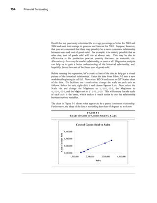154    Financial Forecasting




      CHAPTER 5: Financial Forecasting




                                  Recall that we previously calculated the average percentage of sales for 2003 and
                                  2004 and used that average to generate our forecast for 2005. Suppose, however,
                                  that you are concerned that there may possibly be a more systematic relationship
                                  between sales and cost of goods sold. For example, it is entirely possible that as
                                  sales rise, cost of goods sold will rise at slower rate. This may be due to
                                  efficiencies in the production process, quantity discounts on materials, etc.
                                  Alternatively, there may be another relationship, or none at all. Regression analysis
                                  can help us to gain a better understanding of the historical relationship, and,
                                  hopefully, better forecasts of the future cost of goods sold.

                                  Before running the regression, let’s create a chart of the data to help get a visual
                                  picture of the historical relationship. Enter the data from Table 5-2 into a new
                                  worksheet beginning in cell A1. Now select B2:C6 and create an XY Scatter chart
                                  of the data. To facilitate our visualization, change the scale on each axis as
                                  follows: Select the axis, right-click it and choose Format Axis. Now, select the
                                  Scale tab and change the Minimum to 1,500,000, the Maximum to
                                  4,500,000, and the Major unit to 1,000,000. This will ensure that the scale
                                  of each axis is the same, which makes it much easier to see the relationship
                                  between our two variables.

                                  The chart in Figure 5-1 shows what appears to be a pretty consistent relationship.
                                  Furthermore, the slope of the line is something less than 45 degrees so we know

                                                                                   FIGURE 5-1
                                                                      CHART OF COST OF GOODS SOLD VS. SALES


                                                                            Cost of Goods Sold vs Sales

                                                                4,500,000
                                           Cost of Goods Sold




                                                                3,500,000


                                                                2,500,000


                                                                1,500,000
                                                                      1,500,000    2,500,000           3,500,000   4,500,000
                                                                                               Sales




      154
 