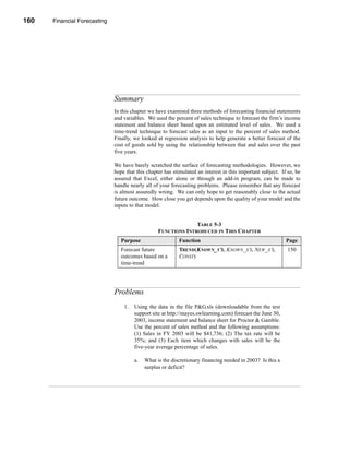 160    Financial Forecasting




      CHAPTER 5: Financial Forecasting




                                  Summary
                                  In this chapter we have examined three methods of forecasting financial statements
                                  and variables. We used the percent of sales technique to forecast the firm’s income
                                  statement and balance sheet based upon an estimated level of sales. We used a
                                  time-trend technique to forecast sales as an input to the percent of sales method.
                                  Finally, we looked at regression analysis to help generate a better forecast of the
                                  cost of goods sold by using the relationship between that and sales over the past
                                  five years.

                                  We have barely scratched the surface of forecasting methodologies. However, we
                                  hope that this chapter has stimulated an interest in this important subject. If so, be
                                  assured that Excel, either alone or through an add-in program, can be made to
                                  handle nearly all of your forecasting problems. Please remember that any forecast
                                  is almost assuredly wrong. We can only hope to get reasonably close to the actual
                                  future outcome. How close you get depends upon the quality of your model and the
                                  inputs to that model.


                                                                       TABLE 5-3
                                                         FUNCTIONS INTRODUCED IN THIS CHAPTER
                                     Purpose                      Function                                         Page
                                     Forecast future              TREND(KNOWN_Y’S, KNOWN_X’S, NEW_X’S,             150
                                     outcomes based on a          CONST)
                                     time-trend




                                  Problems
                                         1.   Using the data in the file P&G.xls (downloadable from the test
                                              support site at http://mayes.swlearning.com) forecast the June 30,
                                              2003, income statement and balance sheet for Proctor & Gamble.
                                              Use the percent of sales method and the following assumptions:
                                              (1) Sales in FY 2003 will be $41,736; (2) The tax rate will be
                                              35%; and (3) Each item which changes with sales will be the
                                              five-year average percentage of sales.

                                              a.   What is the discretionary financing needed in 2003? Is this a
                                                   surplus or deficit?



      160
 