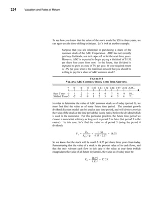 224     Valuation and Rates of Return




      CHAPTER 8: Valuation and Rates of Return




                                  To see how you knew that the value of the stock would be $20 in three years, we
                                  can again use the time-shifting technique. Let’s look at another example.

                                           Suppose that you are interested in purchasing a share of the
                                           common stock of the ABC Corporation. ABC has not recently
                                           paid any dividends, nor is it expected to for the next three years.
                                           However, ABC is expected to begin paying a dividend of $1.50
                                           per share four years from now. In the future, that dividend is
                                           expected to grow at a rate of 7% per year. If your required return
                                           is 15% per year, what is the maximum amount that you should be
                                           willing to pay for a share of ABC common stock?

                                                                 FIGURE 8-4
                                                 VALUING ABC COMMON STOCK WITH TIME-SHIFTING

                                                  ?   0          0         0     1.50 1.61 1.72 1.84 1.97 2.10 2.25...

                                   Real Time 0         1         2        3        4       5        6        7           8   9   10...
                                   Shifted Time-3     -2        -1        0        1       2        3        4           5   6   7...

                                  In order to determine the value of ABC common stock as of today (period 0), we
                                  must first find the value as of some future time period. The constant growth
                                  dividend discount model can be used at any time period, and will always provide
                                  the value of the stock at the time period that is one period before the dividend which
                                  is used in the numerator. For this particular problem, the future time period we
                                  choose is somewhat arbitrary as long as it is period 3 or later (but period 3 is the
                                  easiest). In this case, let’s find the value as of period 3 (using the period 4
                                  dividend):

                                                                      D4                    1.50
                                                           V 3 = ---------------- = -------------------------- = 18.75
                                                                                -                            -
                                                                 k CS – g           0.15 – 0.07

                                  So we know that the stock will be worth $18.75 per share three years from today.
                                  Remembering that the value of a stock is the present value of its cash flows, and
                                  that the only relevant cash flow in this case is the value at year three (which
                                  encapsulates the value of all future dividends), the value as of today must be:

                                                                             18.75
                                                                       V 0 = ------------ = 12.33
                                                                                        -
                                                                             1.15 3




      224
 