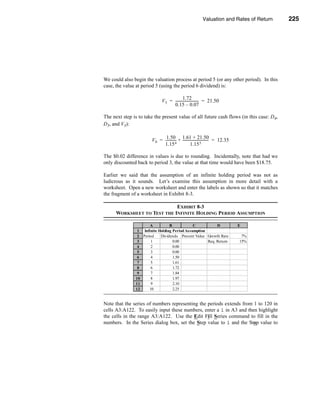 Valuation and Rates of Return              225



                                                                                Valuing Common Stocks




We could also begin the valuation process at period 5 (or any other period). In this
case, the value at period 5 (using the period 6 dividend) is:

                                            1.72
                              V 5 = -------------------------- = 21.50
                                                             -
                                    0.15 – 0.07

The next step is to take the present value of all future cash flows (in this case: D4,
D5, and V5):

                              1.50 1.61 + 21.50
                       V 0 = ------------ + ----------------------------- = 12.35
                                                                        -
                             1.15 4                  1.15 5

The $0.02 difference in values is due to rounding. Incidentally, note that had we
only discounted back to period 3, the value at that time would have been $18.75.

Earlier we said that the assumption of an infinite holding period was not as
ludicrous as it sounds. Let’s examine this assumption in more detail with a
worksheet. Open a new worksheet and enter the labels as shown so that it matches
the fragment of a worksheet in Exhibit 8-3.

                             EXHIBIT 8-3
      WORKSHEET TO TEST THE INFINITE HOLDING PERIOD ASSUMPTION

                      A          B            C            D                        E
                1 Infinite Holding Period Assumption
                2 Period    Dividends Present Value Growth Rate                      7%
                3     1            0.00         $0.00 Req. Return                   15%
                4     2            0.00         $0.00
                5     3            0.00         $0.00
                6     4            1.50         $0.86
                7     5            1.61         $1.66
                8     6            1.72         $2.40
                9     7            1.84         $3.09
               10     8            1.97         $3.73
               11      9           2.10         $4.33
               12     10           2.25         $4.89


Note that the series of numbers representing the periods extends from 1 to 120 in
cells A3:A122. To easily input these numbers, enter a 1 in A3 and then highlight
the cells in the range A3:A122. Use the Edit Fill Series command to fill in the
numbers. In the Series dialog box, set the Step value to 1 and the Stop value to




                                                                                                225
 