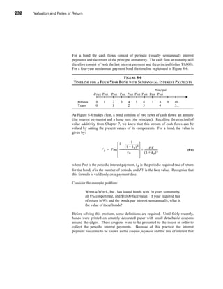 232     Valuation and Rates of Return




      CHAPTER 8: Valuation and Rates of Return




                                  For a bond the cash flows consist of periodic (usually semiannual) interest
                                  payments and the return of the principal at maturity. The cash flow at maturity will
                                  therefore consist of both the last interest payment and the principal (often $1,000).
                                  For a four-year semiannual payment bond the timeline is pictured in Figure 8-6.

                                                              FIGURE 8-6
                                   TIMELINE FOR A FOUR-YEAR BOND WITH SEMIANNUAL INTEREST PAYMENTS

                                                                                                                   Principal
                                                 -Price Pmt      Pmt Pmt Pmt Pmt Pmt Pmt Pmt

                                      Periods     0     1         2         3       4        5       6         7          8    9   10...
                                      Years       0               1                 2                3                    4        5...

                                  As Figure 8-6 makes clear, a bond consists of two types of cash flows: an annuity
                                  (the interest payments) and a lump sum (the principal). Recalling the principal of
                                  value additivity from Chapter 7, we know that this stream of cash flows can be
                                  valued by adding the present values of its components. For a bond, the value is
                                  given by:

                                                                                   1
                                                                1 – ---------------------     -
                                                                         ( 1 + kB ) N                     FV
                                                      V B = Pmt ------------------------------- + ---------------------
                                                                                              -                       -                    (8-6)
                                                                             kB                   ( 1 + kB ) N


                                  where Pmt is the periodic interest payment, kB is the periodic required rate of return
                                  for the bond, N is the number of periods, and FV is the face value. Recognize that
                                  this formula is valid only on a payment date.

                                  Consider the example problem:

                                           Wrent-a-Wreck, Inc., has issued bonds with 20 years to maturity,
                                           an 8% coupon rate, and $1,000 face value. If your required rate
                                           of return is 9% and the bonds pay interest semiannually, what is
                                           the value of these bonds?

                                  Before solving this problem, some definitions are required. Until fairly recently,
                                  bonds were printed on ornately decorated paper with small detachable coupons
                                  around the edges. These coupons were to be presented to the issuer in order to
                                  collect the periodic interest payments. Because of this practice, the interest
                                  payment has come to be known as the coupon payment and the rate of interest that



      232
 