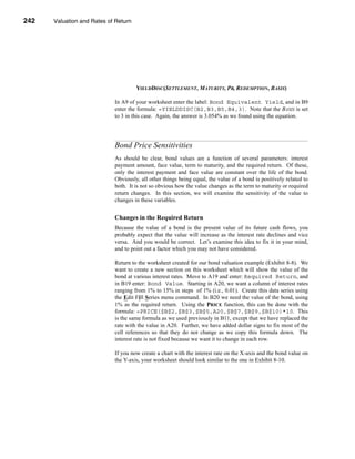 242     Valuation and Rates of Return




      CHAPTER 8: Valuation and Rates of Return




                                           YIELDDISC(SETTLEMENT, MATURITY, PR, REDEMPTION, BASIS)

                                  In A9 of your worksheet enter the label: Bond Equivalent Yield, and in B9
                                  enter the formula: =YIELDDISC(B2,B3,B5,B4,3). Note that the BASIS is set
                                  to 3 in this case. Again, the answer is 3.054% as we found using the equation.




                                  Bond Price Sensitivities
                                  As should be clear, bond values are a function of several parameters: interest
                                  payment amount, face value, term to maturity, and the required return. Of these,
                                  only the interest payment and face value are constant over the life of the bond.
                                  Obviously, all other things being equal, the value of a bond is positively related to
                                  both. It is not so obvious how the value changes as the term to maturity or required
                                  return changes. In this section, we will examine the sensitivity of the value to
                                  changes in these variables.


                                  Changes in the Required Return
                                  Because the value of a bond is the present value of its future cash flows, you
                                  probably expect that the value will increase as the interest rate declines and vice
                                  versa. And you would be correct. Let’s examine this idea to fix it in your mind,
                                  and to point out a factor which you may not have considered.

                                  Return to the worksheet created for our bond valuation example (Exhibit 8-8). We
                                  want to create a new section on this worksheet which will show the value of the
                                  bond at various interest rates. Move to A19 and enter: Required Return, and
                                  in B19 enter: Bond Value. Starting in A20, we want a column of interest rates
                                  ranging from 1% to 15% in steps of 1% (i.e., 0.01). Create this data series using
                                  the Edit Fill Series menu command. In B20 we need the value of the bond, using
                                  1% as the required return. Using the PRICE function, this can be done with the
                                  formula: =PRICE($B$2,$B$3,$B$5,A20,$B$7,$B$9,$B$10)*10. This
                                  is the same formula as we used previously in B11, except that we have replaced the
                                  rate with the value in A20. Further, we have added dollar signs to fix most of the
                                  cell references so that they do not change as we copy this formula down. The
                                  interest rate is not fixed because we want it to change in each row.

                                  If you now create a chart with the interest rate on the X-axis and the bond value on
                                  the Y-axis, your worksheet should look similar to the one in Exhibit 8-10.




      242
 
