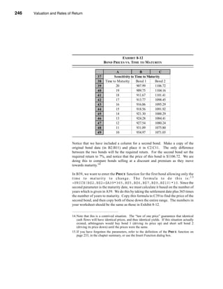 246     Valuation and Rates of Return




      CHAPTER 8: Valuation and Rates of Return




                                                                    EXHIBIT 8-12
                                                          BOND PRICES VS. TIME TO MATURITY

                                                                  A                B            C
                                                     37          Sensitivity to Time to Maturity
                                                     38    Time to Maturity      Bond 1     Bond 2
                                                     39           20             907.99     1106.72
                                                     40           19             909.75     1104.16
                                                     41           18             911.67     1101.41
                                                     42           17             913.77     1098.45
                                                     43           16             916.06     1095.29
                                                     44           15             918.56     1091.92
                                                     45           14             921.30     1088.29
                                                     46           13             924.28     1084.41
                                                     47           12             927.54     1080.24
                                                     48           11             931.09     1075.80
                                                     49           10             934.97     1071.03


                                  Notice that we have included a column for a second bond. Make a copy of the
                                  original bond data (in B2:B11) and place it in C2:C11. The only difference
                                  between the two bonds will be the required return. For the second bond set the
                                  required return to 7%, and notice that the price of this bond is $1106.72. We are
                                  doing this to compare bonds selling at a discount and premium as they move
                                  towards maturity.14

                                  In B39, we want to enter the PRICE function for the first bond allowing only the
                                  time to maturity to change. The formula to do this is:15
                                  =PRICE(B$2,B$2+$A39*365,B$5,B$6,B$7,B$9,B$10)*10. Since the
                                  second parameter is the maturity date, we must calculate it based on the number of
                                  years which is given in A39. We do this by taking the settlement date plus 365 times
                                  the number of years to maturity. Copy this formula to C39 to find the price of the
                                  second bond, and then copy both of these down the entire range. The numbers in
                                  your worksheet should be the same as those in Exhibit 8-12.


                                  14.Note that this is a contrived situation. The “law of one price” guarantees that identical
                                     cash flows will have identical prices, and thus identical yields. If this situation actually
                                     existed, arbitrageurs would buy bond 1 (driving its price up) and short sell bond 2
                                     (driving its price down) until the prices were the same.
                                  15.If you have forgotten the parameters, refer to the definition of the PRICE function on
                                     page 233, in the chapter summary, or use the Insert Function dialog box.



      246
 