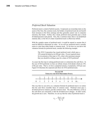 248     Valuation and Rates of Return




      CHAPTER 8: Valuation and Rates of Return




                                  Preferred Stock Valuation
                                  Preferred stock is a kind of hybrid security. It represents an ownership claim on the
                                  assets of the firm, like common stock, but holders of preferred stock do not benefit
                                  from increases in the firms earnings and they generally cannot vote in corporate
                                  elections, like bonds. Further, like a bond, preferred stock generally pays a fixed
                                  dividend payment each period. Also, like a common stock, there is no predefined
                                  maturity date, so the life of a share of preferred stock is effectively infinite.

                                  With the complex nature of preferred stock, it would be natural to assume that it
                                  must be difficult to determine its value. As we will see, preferred stock is actually
                                  easier to value than either bonds or common stock. To see how we can derive the
                                  valuation formula for preferred stock, consider the following example.

                                            The XYZ Corporation has issued preferred stock which pays a
                                            10% annual dividend on its $50 par value. If your required return
                                            for investments of this type is 12%, what is the maximum amount
                                            that you should be willing to pay for a share of XYZ preferred?

                                  As usual, the first step in valuing preferred stock is to determine the cash flows. In
                                  the case of XYZ preferred, we have an infinite stream of dividends which are 10%
                                  of the par value. That is, we have a perpetual annuity, or perpetuity, of $5 per year.
                                  Figure 8-8 illustrates the expected cash flows for XYZ preferred stock.

                                                                     FIGURE 8-8
                                                         TIMELINE FOR XYZ PREFERRED STOCK

                                              5      5      5    5         5          5         5    5   5   5...

                                        0     1      2      3    4         5         6          7    8   9   10...

                                  One way that we can arrive at a valuation formula for preferred stock is to realize
                                  that the cash flows resemble those of common stock. Preferred stock pays a
                                  dividend and never matures, just like common stock. The only difference, as far as
                                  the cash flows are concerned, is that the dividend never changes. In other words,
                                  the growth rate is zero. Therefore, we can say that the value of preferred stock is:

                                                                           D0 ( 1 + g )
                                                                     V P = -----------------------
                                                                                                 -
                                                                                kP – g




      248
 