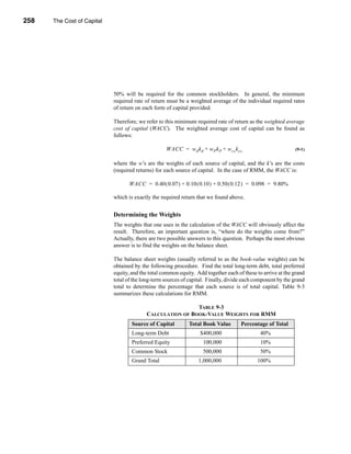 258     The Cost of Capital




      CHAPTER 9: The Cost of Capital




                                  50% will be required for the common stockholders. In general, the minimum
                                  required rate of return must be a weighted average of the individual required rates
                                  of return on each form of capital provided.

                                  Therefore, we refer to this minimum required rate of return as the weighted average
                                  cost of capital (WACC). The weighted average cost of capital can be found as
                                  follows:

                                                         WACC = w d k d + w P k P + w cs k cs                      (9-1)


                                  where the w’s are the weights of each source of capital, and the k’s are the costs
                                  (required returns) for each source of capital. In the case of RMM, the WACC is:

                                         WACC = 0.40 ( 0.07 ) + 0.10 ( 0.10 ) + 0.50 ( 0.12 ) = 0.098 = 9.80%

                                  which is exactly the required return that we found above.


                                  Determining the Weights
                                  The weights that one uses in the calculation of the WACC will obviously affect the
                                  result. Therefore, an important question is, “where do the weights come from?”
                                  Actually, there are two possible answers to this question. Perhaps the most obvious
                                  answer is to find the weights on the balance sheet.

                                  The balance sheet weights (usually referred to as the book-value weights) can be
                                  obtained by the following procedure. Find the total long-term debt, total preferred
                                  equity, and the total common equity. Add together each of these to arrive at the grand
                                  total of the long-term sources of capital. Finally, divide each component by the grand
                                  total to determine the percentage that each source is of total capital. Table 9-3
                                  summarizes these calculations for RMM.

                                                                 TABLE 9-3
                                                CALCULATION OF BOOK-VALUE WEIGHTS FOR RMM
                                          Source of Capital        Total Book Value         Percentage of Total
                                          Long-term Debt                 $400,000                   40%
                                          Preferred Equity                100,000                   10%
                                          Common Stock                    500,000                   50%
                                          Grand Total                   1,000,000                 100%




      258
 