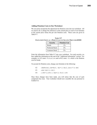 The Cost of Capital        269




                                                         The Role of Flotation Costs




Adding Flotation Costs to Our Worksheet
We can easily incorporate the adjustment for flotation costs into our worksheet. All
we need to do is change the references to the current price in each of our formulas
to the current price minus the per unit flotation costs. These costs are given in
Table 9-7.

                              TABLE 9-7
      FLOTATION COSTS AS A PERCENTAGE OF SELLING PRICE FOR RMM
                            Security        Flotation Cost
                         Bonds                    1%
                         Preferred Stock          2%
                         Common Stock             5%

Enter the information from Table 9-7 into your worksheet. For each security, we
have added the information at the end of the “Additional information” section. For
example, in A12 enter: Flotation and in B12 enter: 1%, which is the flotation
cost for bonds.

To account for flotation costs, change your formulas to the following:

      F2       =RATE(B11,B9*B10,-B2*(1-B12),B10)*(1-B8)
      F3       =D8/(B3*(1-D9))
      F4       =(F8*(1+F9))/(B4*(1-F10))+F9

Once these changes have been made, you will notice that the cost of each
component has risen. Your worksheet should now resemble the one pictured in
Exhibit 9-4.




                                                                               269
 