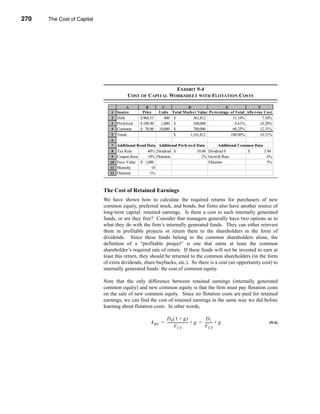 270     The Cost of Capital




      CHAPTER 9: The Cost of Capital




                                                                    EXHIBIT 9-4
                                                  COST OF CAPITAL WORKSHEET WITH FLOTATION COSTS

                                                 A         B          C                  D                         E      F
                                       1    Source       Price      Units    Total Market Value Percentage of Total After-tax Cost
                                       2    Debt        $ 904.53       400    $         361,812             31.14%           7.10%
                                       3    Preferred   $ 100.00     1,000    $         100,000               8.61%         10.20%
                                       4    Common      $ 70.00     10,000    $         700,000             60.25%          12.31%
                                       5    Totals                            $       1,161,812            100.00%          10.51%
                                       6
                                       7    Additional Bond Data Additional Preferred Data         Additional Common Data
                                       8    Tax Rate        40% Dividend $            10.00 Dividend 0            $       3.96
                                       9    Coupon Rate     10% Flotation                2% Growth Rate                     6%
                                       10   Face Value $ 1,000                              Flotation                       5%
                                       11   Maturity          10
                                       12   Flotation        1%



                                  The Cost of Retained Earnings
                                  We have shown how to calculate the required returns for purchasers of new
                                  common equity, preferred stock, and bonds, but firms also have another source of
                                  long-term capital: retained earnings. Is there a cost to such internally generated
                                  funds, or are they free? Consider that managers generally have two options as to
                                  what they do with the firm’s internally generated funds. They can either reinvest
                                  them in profitable projects or return them to the shareholders in the form of
                                  dividends. Since these funds belong to the common shareholders alone, the
                                  definition of a “profitable project” is one that earns at least the common
                                  shareholder’s required rate of return. If these funds will not be invested to earn at
                                  least this return, they should be returned to the common shareholders (in the form
                                  of extra dividends, share buybacks, etc.). So there is a cost (an opportunity cost) to
                                  internally generated funds: the cost of common equity.

                                  Note that the only difference between retained earnings (internally generated
                                  common equity) and new common equity is that the firm must pay flotation costs
                                  on the sale of new common equity. Since no flotation costs are paid for retained
                                  earnings, we can find the cost of retained earnings in the same way we did before
                                  learning about flotation costs. In other words,

                                                                      D0 ( 1 + g )                   D1
                                                               k RE = ----------------------- + g = -------- + g
                                                                                            -              -                    (9-4)
                                                                              V CS                  V CS




      270
 
