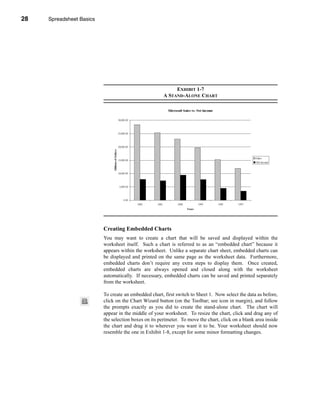 28     Spreadsheet Basics




     CHAPTER 1: Spreadsheet Basics




                                                                 EXHIBIT 1-7
                                                            A STAND-ALONE CHART




                               Creating Embedded Charts
                               You may want to create a chart that will be saved and displayed within the
                               worksheet itself. Such a chart is referred to as an “embedded chart” because it
                               appears within the worksheet. Unlike a separate chart sheet, embedded charts can
                               be displayed and printed on the same page as the worksheet data. Furthermore,
                               embedded charts don’t require any extra steps to display them. Once created,
                               embedded charts are always opened and closed along with the worksheet
                               automatically. If necessary, embedded charts can be saved and printed separately
                               from the worksheet.

                               To create an embedded chart, first switch to Sheet 1. Now select the data as before,
                               click on the Chart Wizard button (on the Toolbar; see icon in margin), and follow
                               the prompts exactly as you did to create the stand-alone chart. The chart will
                               appear in the middle of your worksheet. To resize the chart, click and drag any of
                               the selection boxes on its perimeter. To move the chart, click on a blank area inside
                               the chart and drag it to wherever you want it to be. Your worksheet should now
                               resemble the one in Exhibit 1-8, except for some minor formatting changes.




     28
 