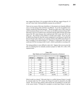 Capital Budgeting          301




                                                                  Making the Decision




may suggest that Project A be accepted while the IRR may suggest Project B. If
you can’t select both, which profitability measure do you believe?

There are two causes of this type of problem: (1) the projects are of greatly different
sizes; or (2) the timing of the cash flows are different. To see the size problem more
clearly, consider the following question. “Would you rather earn a 100% return on
a $10 investment (Project A), or a 10% return on a $1,000 investment (Project B)?”
Obviously, most of us would be more concerned with the dollar amounts and would
choose the 10% return because that would provide $100 versus only $10 in the
other case. The solution to this problem is actually quite simple. If you can raise
$1,000 for the Project B, then the correct comparison is not between A and B, but
between B and A plus whatever you could do with the other $990 (call it Project C)
that is available if you choose Project A. If Project C would return 10%, then you
could earn $109 by investing in both A and C, which is preferable to investing in B.

The timing problem is more difficult to deal with. Suppose that you are given the
task of evaluating the two mutually exclusive projects in Table 10-3, with a 10%
required return.


                                TABLE 10-3
             THE TIMING OF CASH FLOWS CAN LEAD TO A CONFLICT
                                                                   Project C
      Period          Project A             Project B              (= A – B)
         0            (1000)                 (1000)                      0
         1                  0                   400                  (400)
         2               200                    400                  (200)
         3               300                    300                      0
         4               500                    300                    200
         5               900                    200                    700
      NPV                $291.02               $248.70                 $42.32
      IRR                  17.32%                 20.49%                 12.48%


Which would you choose? Obviously there is a conflict because Project A would
be selected under the NPV criteria, but Project B would be selected by the IRR
criteria. We can use logic similar to that used for the size problem to see that NPV
is the correct criteria. If Project B is accepted, we must reject Project A and the




                                                                                  301
 
