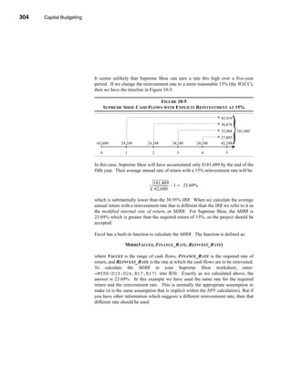 304     Capital Budgeting




      CHAPTER 10: Capital Budgeting




                                 It seems unlikely that Supreme Shoe can earn a rate this high over a five-year
                                 period. If we change the reinvestment rate to a more reasonable 15% (the WACC),
                                 then we have the timeline in Figure 10-5.

                                                                FIGURE 10-5
                                          SUPREME SHOE CASH FLOWS WITH EXPLICIT REINVESTMENT AT 15%

                                                                                                          42,410
                                                                                                          36,878
                                                                                                          32,068   181,4892
                                                                                                          27,885
                                  -62,680        24,248       24,248            24,248           24,248   42,248

                                      0            1               2               3                 4      5


                                 In this case, Supreme Shoe will have accumulated only $181,489 by the end of the
                                 fifth year. Their average annual rate of return with a 15% reinvestment rate will be:

                                                                   181,489
                                                               5   ------------------ – 1 ≈ 23.69%
                                                                                    -
                                                                    62,680

                                 which is substantially lower than the 30.95% IRR. When we calculate the average
                                 annual return with a reinvestment rate that is different than the IRR we refer to it as
                                 the modified internal rate of return, or MIRR. For Supreme Shoe, the MIRR is
                                 23.69% which is greater than the required return of 15%, so the project should be
                                 accepted.

                                 Excel has a built-in function to calculate the MIRR. The function is defined as:

                                                   MIRR(VALUES, FINANCE_RATE, REINVEST_RATE)

                                 where VALUES is the range of cash flows, FINANCE_RATE is the required rate of
                                 return, and REINVEST_RATE is the rate at which the cash flows are to be reinvested.
                                 To calculate the MIRR in your Supreme Shoe worksheet, enter:
                                 =MIRR(D19:D24,B17,B17) into B30. Exactly as we calculated above, the
                                 answer is 23.69%. In this example we have used the same rate for the required
                                 return and the reinvestment rate. This is normally the appropriate assumption to
                                 make (it is the same assumption that is implicit within the NPV calculation). But if
                                 you have other information which suggests a different reinvestment rate, then that
                                 different rate should be used.




      304
 