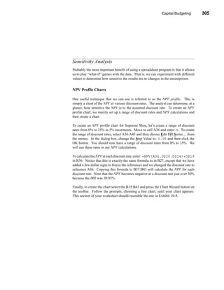 Capital Budgeting         305




                                                                 Sensitivity Analysis




Sensitivity Analysis
Probably the most important benefit of using a spreadsheet program is that it allows
us to play “what-if” games with the data. That is, we can experiment with different
values to determine how sensitive the results are to changes in the assumptions.


NPV Profile Charts

One useful technique that we can use is referred to as the NPV profile. This is
simply a chart of the NPV at various discount rates. The analyst can determine, at a
glance, how sensitive the NPV is to the assumed discount rate. To create an NPV
profile chart, we merely set up a range of discount rates and NPV calculations and
then create a chart.

To create an NPV profile chart for Supreme Shoe, let’s create a range of discount
rates from 0% to 35% in 5% increments. Move to cell A36 and enter: 0. To create
the range of discount rates, select A36:A43 and then choose Edit Fill Series… from
the menus. In the dialog box, change the Step Value to: 0.05 and then click the
OK button. You should now have a range of discount rates from 0% to 35%. We
will use these rates in our NPV calculations.

To calculate the NPV at each discount rate, enter: =NPV(A36,D$20:D$24)+D$19
in B36. Notice that this is exactly the same formula as in B27, except that we have
added a few dollar signs to freeze the references and we changed the discount rate to
reference A36. Copying this formula to B37:B43 will calculate the NPV for each
discount rate. Note that the NPV becomes negative at a discount rate just over 30%
because the IRR was 30.95%.

Finally, to create the chart select the B35:B43 and press the Chart Wizard button on
the toolbar. Follow the prompts, choosing a line chart, until your chart appears.
This section of your worksheet should resemble the one in Exhibit 10-4.




                                                                                305
 
