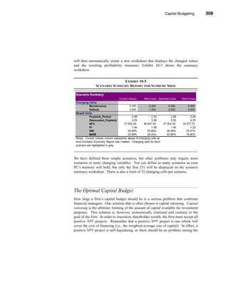 Capital Budgeting        309




                                                                  The Optimal Capital Budget




will then automatically create a new worksheet that displays the changed values
and the resulting profitability measures. Exhibit 10-5 shows the summary
worksheet.


                              EXHIBIT 10-5
                SCENARIO SUMMARY REPORT FOR SUPREME SHOE

 Scenario Summary
                                   Current Values:     Best Case Expected Case      Worst Case
 Changing Cells:
            Maintenance                    5,000          2,000            5,000        8,000
            Defects                        2,000          1,000            2,000        5,000
 Result Cells:
            Payback_Period                   2.58           2.33             2.58         3.09
            Discounted_Payback               3.53           3.08             3.53         4.25
            NPV                       27,552.24       36,401.93        27,552.24    14,277.70
            PI                               1.44           1.58             1.44         1.23
            IRR                          30.95%          35.85%           30.95%       23.41%
            MIRR                         23.69%          26.03%           23.69%       19.82%
 Notes: Current Values column represents values of changing cells at
 time Scenario Summary Report was created. Changing cells for each
 scenario are highlighted in gray.



We have defined three simple scenarios, but other problems may require more
scenarios or more changing variables. You can define as many scenarios as your
PC’s memory will hold, but only the first 251 will be displayed on the scenario
summary worksheet. There is also a limit of 32 changing cells per scenario.




The Optimal Capital Budget
How large a firm’s capital budget should be is a serious problem that confronts
financial managers. One solution that is often chosen is capital rationing. Capital
rationing is the arbitrary limiting of the amount of capital available for investment
purposes. This solution is, however, economically irrational and contrary to the
goal of the firm. In order to maximize shareholder wealth, the firm must accept all
positive NPV projects. Remember that a positive NPV project is one which will
cover the cost of financing (i.e., the weighted average cost of capital). In effect, a
positive NPV project is self-liquidating, so there should be no problem raising the




                                                                                          309
 