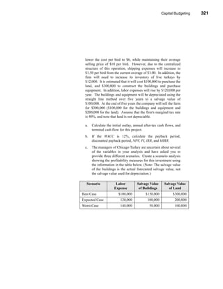 Capital Budgeting        321




                                                                    Problems




  lower the cost per bird to $6, while maintaining their average
  selling price of $10 per bird. However, due to the centralized
  structure of this operation, shipping expenses will increase to
  $1.50 per bird from the current average of $1.00. In addition, the
  firm will need to increase its inventory of live turkeys by
  $12,000. It is estimated that it will cost $100,000 to purchase the
  land, and $300,000 to construct the buildings and purchase
  equipment. In addition, labor expenses will rise by $120,000 per
  year. The buildings and equipment will be depreciated using the
  straight line method over five years to a salvage value of
  $100,000. At the end of five years the company will sell the farm
  for $300,000 ($100,000 for the buildings and equipment and
  $200,000 for the land). Assume that the firm's marginal tax rate
  is 40%, and note that land is not depreciable.

  a.   Calculate the initial outlay, annual after-tax cash flows, and
       terminal cash flow for this project.
  b.   If the WACC is 12%, calculate the payback period,
       discounted payback period, NPV, PI, IRR, and MIRR.
  c.   The managers of Chicago Turkey are uncertain about several
       of the variables in your analysis and have asked you to
       provide three different scenarios. Create a scenario analysis
       showing the profitability measures for this investment using
       the information in the table below. (Note: The salvage value
       of the buildings is the actual forecasted salvage value, not
       the salvage value used for depreciation.)

   Scenario            Labor          Salvage Value      Salvage Value
                      Expense          of Buildings         of Land
Best Case                $100,000           $150,000           $300,000
Expected Case             120,000            100,000             200,000
Worst Case                140,000              50,000            100,000




                                                                           321
 