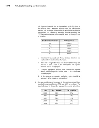 374     Risk, Capital Budgeting, and Diversification




      CHAPTER 11: Risk, Capital Budgeting, and Diversification




                                             The expected cash flow will be used for each of the five years of
                                             the projects’ lives. Ormsbee Aviation uses the risk-adjusted
                                             discount rate technique to determine the worthiness of potential
                                             investments. As a guide for assigning the risk premiums, the
                                             CFO has put together the following table based on the coefficient
                                             of variation.

                                                    Coefficient of Variation             Risk Premium
                                                                 0.0                         –2.00%
                                                                 0.2                           0.00%
                                                                 0.3                           2.00%
                                                                 0.4                           3.00%
                                                                 0.5                           4.00%

                                             a.   Calculate the expected cash flows, standard deviation, and
                                                  coefficient of variation for each project.
                                             b.   If the firm’s weighted average cost of capital for average risk
                                                  projects is 12%, what is the appropriate risk-adjusted
                                                  discount rate for each project?
                                             c.   Using the appropriate discount rates, calculate the payback
                                                  period, discounted payback period, NPV, PI, IRR, and MIRR
                                                  for each project.
                                             d.   If the projects are mutually exclusive, which should be
                                                  accepted? What if they are independent?

                                        4.   You are considering an investment in the stock market and have
                                             identified two potential stocks (XYZ and ABC) to purchase. The
                                             historical returns for the past five years are shown in the table below.

                                                      Year             XYZ Returns           ABC Returns
                                                      2000                11%                      25%
                                                      2001                15%                      12%
                                                      2002                21%                      19%
                                                      2003                  9%                     13%
                                                      2004                13%                       8%




      374
 
