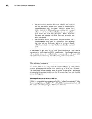 42     The Basic Financial Statements




     CHAPTER 2: The Basic Financial Statements




                                     2.   The balance sheet describes the assets, liabilities, and equity of
                                          the firm at a specific point in time. Assets are the (tangible or
                                          intangible) things that a firm owns. Liabilities are the firm’s
                                          debts. Equity is the difference between what the firm owns and
                                          what it owes to others. Because the balance sheet is specific to a
                                          point in time, it is much like a photograph. What it shows was
                                          true when the snapshot was taken, but is not necessarily true
                                          when it is viewed.
                                     3.   The statement of cash flows outlines the sources of the firm’s
                                          cash inflows and shows where the cash outflows went. Activities
                                          that bring cash into the firm are referred to as sources of cash,
                                          while those that take cash out of the firm are referred to as uses of
                                          cash.

                                 In this chapter we will build each of these three statements for Elvis Products
                                 International, a small producer of Elvis paraphernalia. Each financial statement
                                 will be created in its own worksheet in the workbook, and we will create links
                                 between the sheets as necessary. Before beginning, open a new workbook.




                                 The Income Statement
                                 The income statement is a fairly simple document that begins by listing a firm’s
                                 revenues (perhaps by sources or in total) followed by all of the firm’s expenses.
                                 The result of the income statement is the net income for the period. Net income
                                 represents the accounting profit left over after all expenses have been paid from the
                                 revenue for the period.


                                 Building an Income Statement in Excel
                                 Exhibit 2-1 presents the income statement for Elvis Products International (EPI) for
                                 the year ending December 31, 2004. We will build this income statement first, and
                                 then use it as a base for creating the 2003 income statement.




     42
 